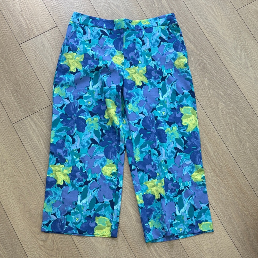 Womens Floral Print wide leg ankle - Blue & Teal